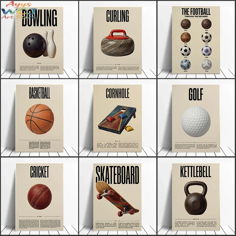 Sports Equipment For Boys - ภาพพิมพ์แคนวาส อุปกรณ์กีฬาแนววินเทจเรโทรเพื่อการศึกษา บาสเกตบอล ฟุตบอล กอล์ฟ แบดมินตัน
